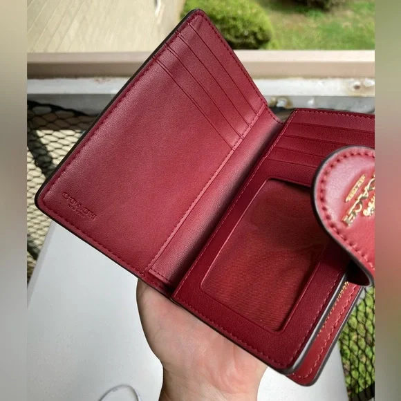 Coach Signature Medium Corner Zip Wallet Khaki Brown Tan Cherry Red Snap Button - Picture 15 of 17